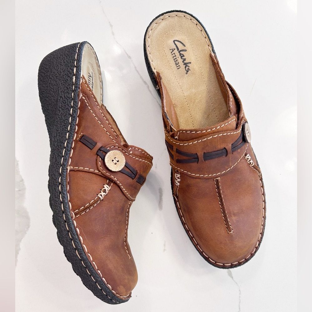 Clarks Artisan Leather Cognac Mules